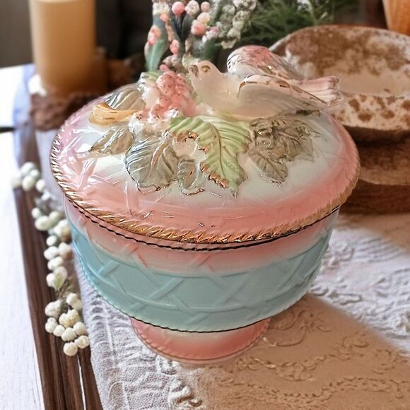 Majolica 3D Candy Dish Birds Floral Handpainted Porcelain Betson Colorful Shabby - Picture 1 of 16